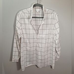 J Jill Popover Top Womens XL White Windowpane Check V Neck Shirt Blouse Casual